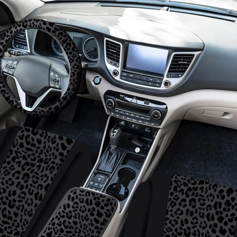 طقم إكسسوارات سيارة مكون من 13 قطعة بطبعة جلد الفهد مع أغطية مقاعد وغطاء عجلة القيادة والسجاد والمزيد للديكور الأنيق #6