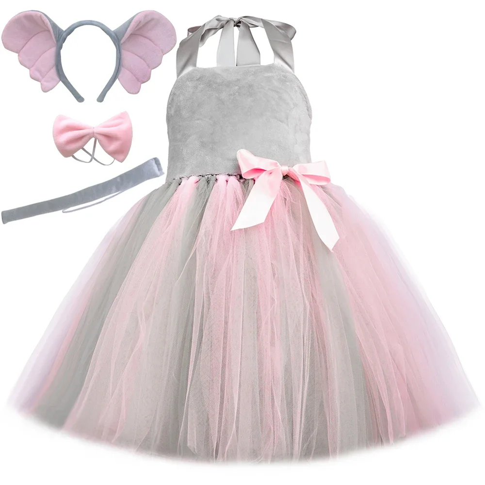 

Pink Gray Flying Elephant Tutu Dress for Baby Girls Halloween Costume Animal Dress Up Outfits Kids Perform Jungle Party Clothes