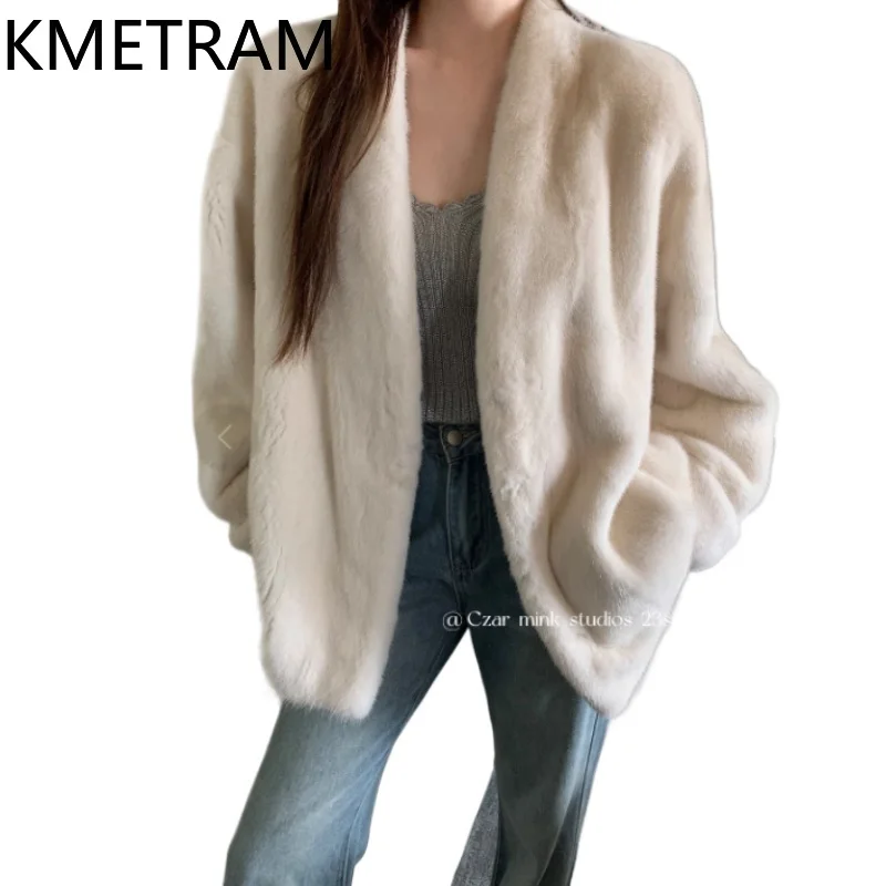100% Mink Fur Jacketผู้หญิงหรูหราVคอขนสัตว์จริงคุณภาพสูงฤดูหนาวเสื้อผ้าผู้หญิงFurryแจ็คเก็ต 2025ба