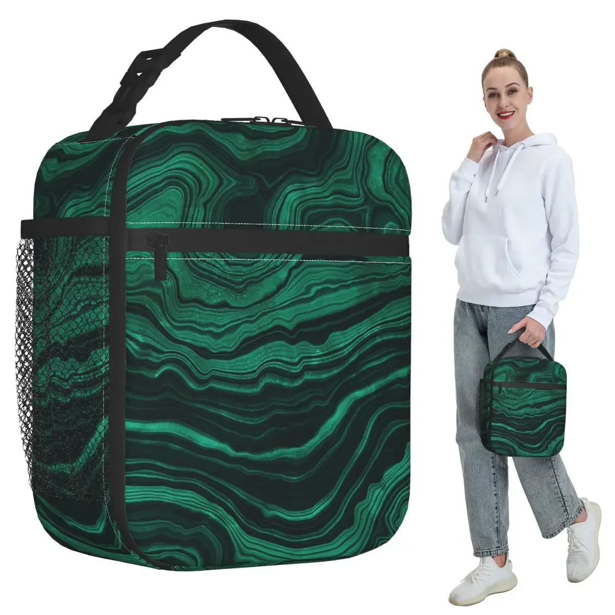 Faux Malachite Green Marble With Light Veins Insulated Lunch Bag for Women Office Cooler Thermal Food Box Tote Lunch Boxes