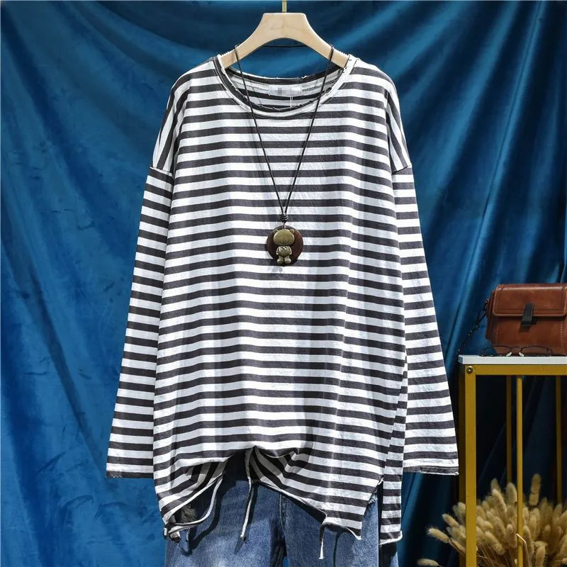 Spring Summer New Arts Style Women Long Sleeve Hole Design Loose O-neck Tee Shirt Femme Tops Cotton Stripe Casual T-shirt C863