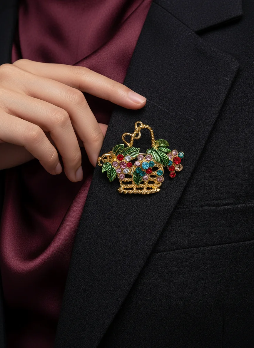 Vintage Colored Gemstone Flower Basket Lapel Pins Full Crystal Paved Giardinetto Brooch‌es Pretty Women Girls Party Badge