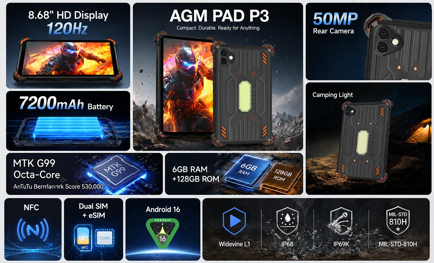 AGM PAD P3 Robustes Tablet 8,68" Android 16 7200mAh Akku 120Hz 6GB RAM 128GB Speicher Pad PC 4G Tablet Globale Version Tablet – Detail 3