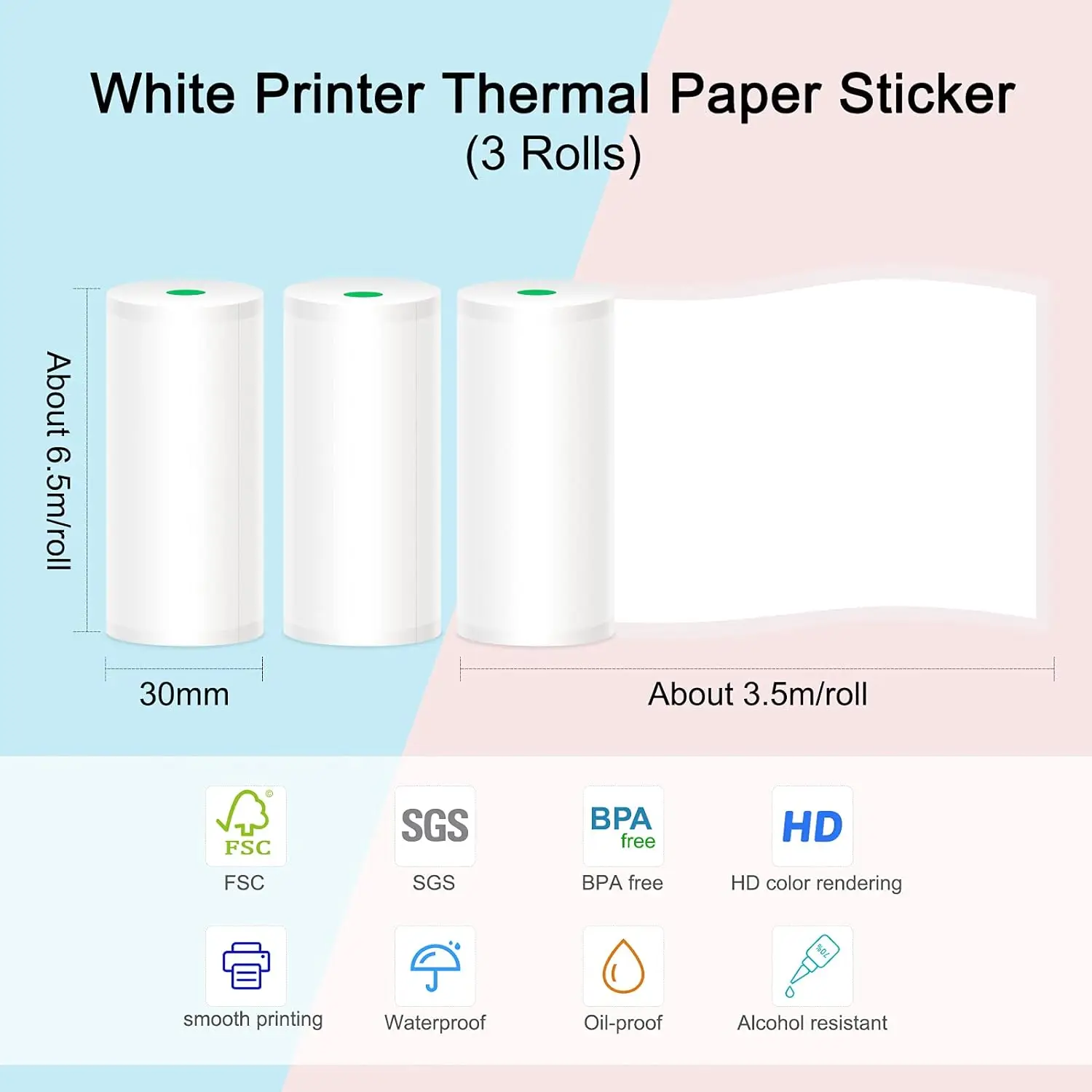 Peripage Mini Printer Paper Sticker Self-Adhesive Thermal A6 Printer Paper Waterproof Oilproof Scratchproof BPA 3 Roll 3.5m/roll