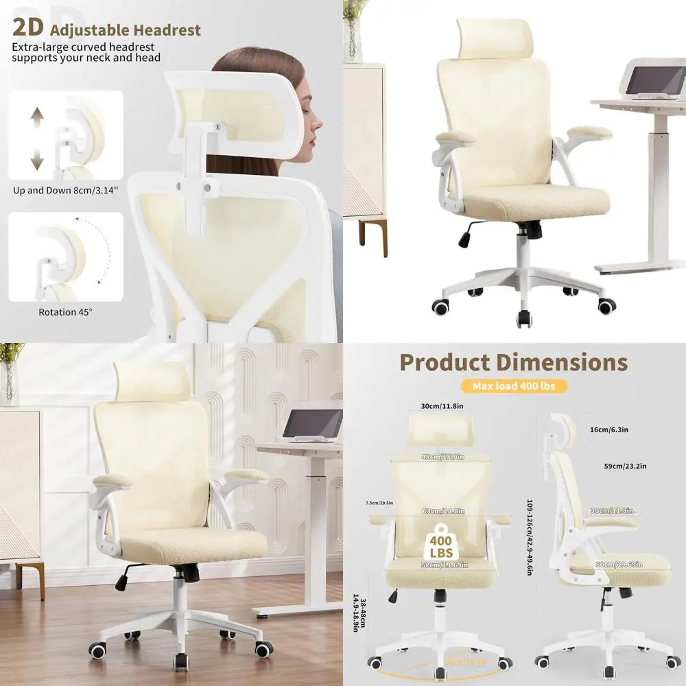 

Ergonomic High-Back Office Chair with Adjustable Lumbar and Headrest Support, 400 lbs Capacity, Plush Beige Sherpa for Home & Of