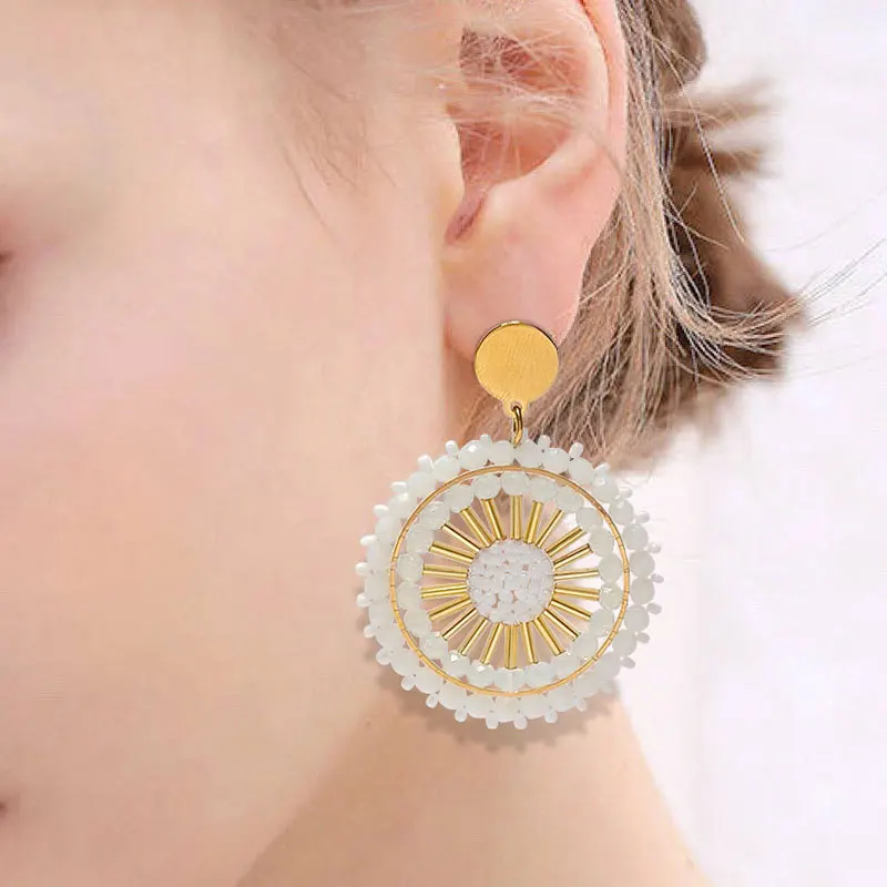 Rice bead earrings Circle Sunflower White. Long pipe Originality Hand knitting Bohemia Fashion Simple Crystal  Beaded earrings