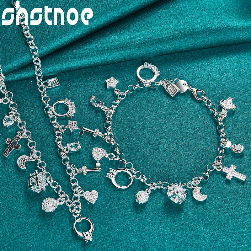 SHSTONE 2pcs 925 Sterling Silver Moon/Cross/Stars/Lock Chain Necklace Bracelets For Woman Birthday Party Wholesale Jewelry Sets