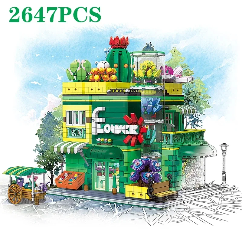 

2647PCS Succulent Plant Flower Store Creative City Street View Model Bricks Set With Light Desktop Decoration DIY Toys For Kids