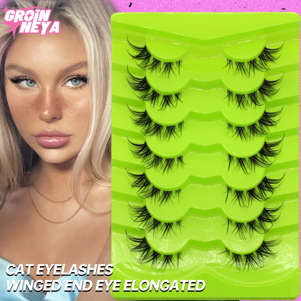 GROINNEYA Cat Eye Lashes Natural Eyelashes Winged End Eye Elongated Eyelashes Clear Band Lashes Eyelash Extension Manga Lashes