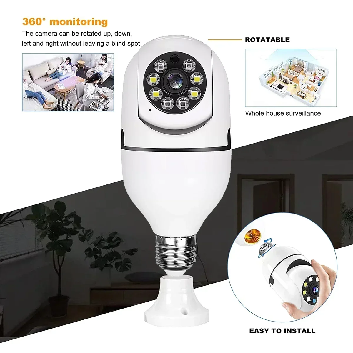 5MP E27 หลอดไฟการเฝ้าระวัง 4X ซูมดิจิตอลกล้อง WiFi Wireless Baby Monitor กล้อง AI ติดตามบ้านสี Night Vision กล้องวงจรปิด CAM