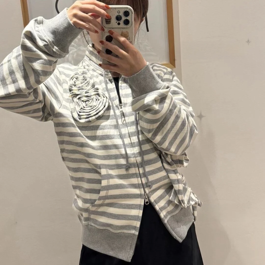 Openyy vroege lente nieuwe 3d Rose Flower Stripe kleur Blo dubbele rits sweatshirt ort Jaet casual katoenen damesjas