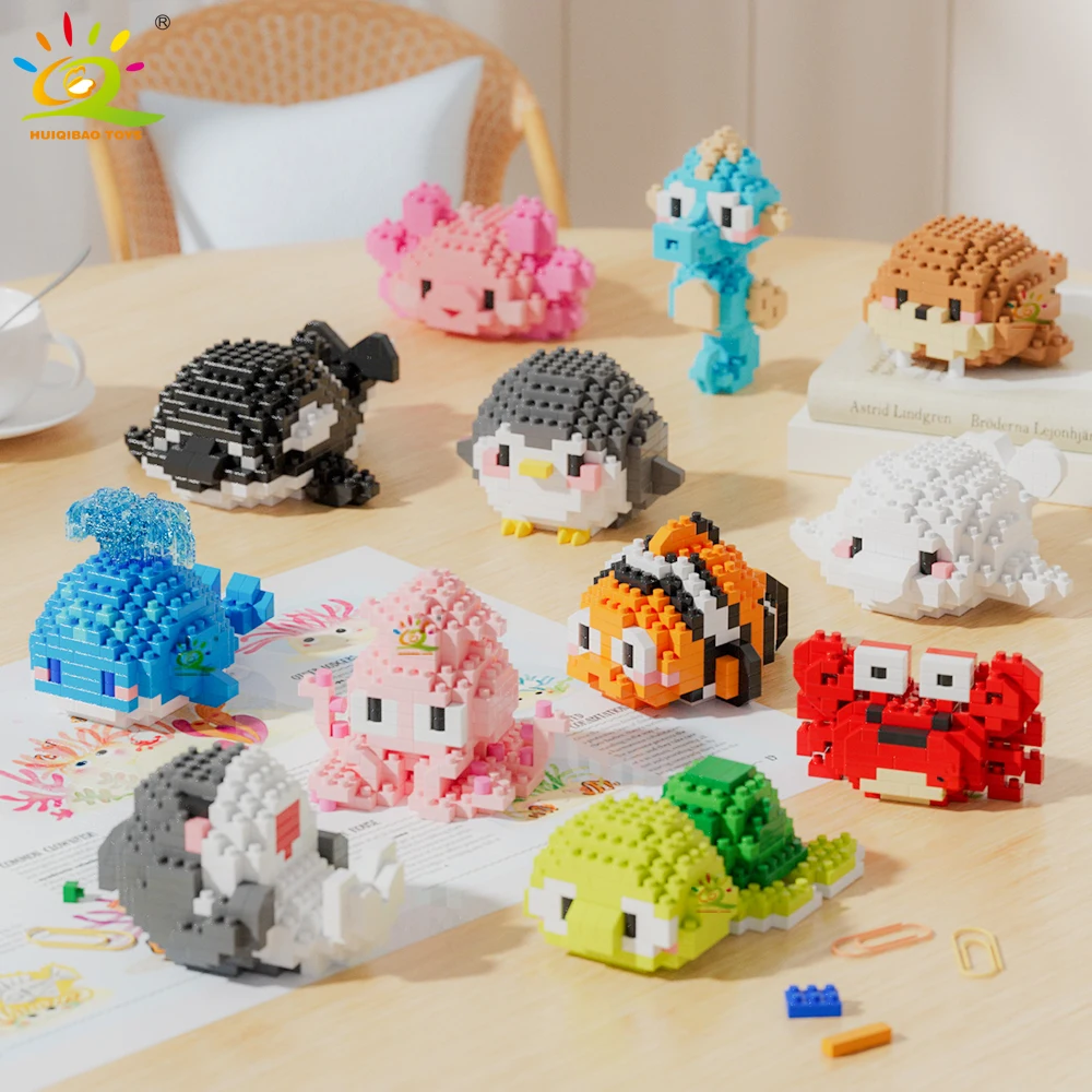 HUIQIBAO Mini Cute Shark Turtle Crab Sealife Animal Micro Building Block 3D Diamond Model Brick DIY City Toys for Children Kids