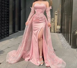 Elegant Pink Evening Dresses Lace Double Layered Skirt Hem Customized Party Gowns Sexy Off Shoulder Side Slit Vestidos De Noche