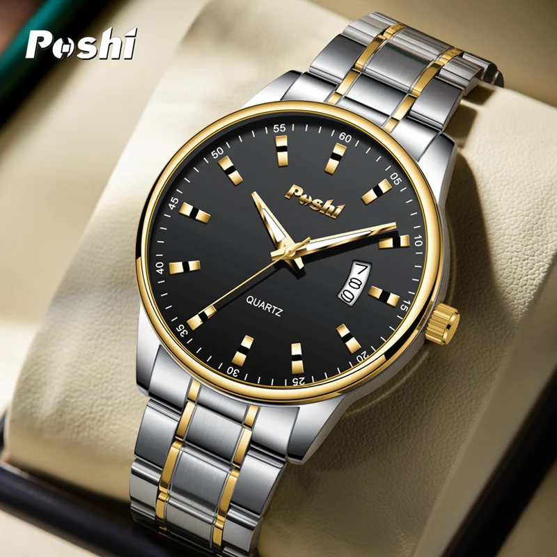 POSHI 975 Quartz Watch For Man Fashion Original Men\'s Wristwatch Simple Business Quartz Movement Clock Date Display Reloj Hombre