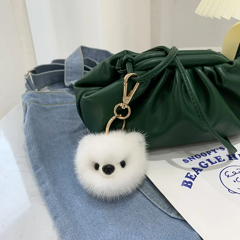 

Cute Real Mink Fur Plush Pomeranian Dog Doll Key Rings Funny Anime Car Keychain Handmade Cartoon Clown Keyring Pendant Toys