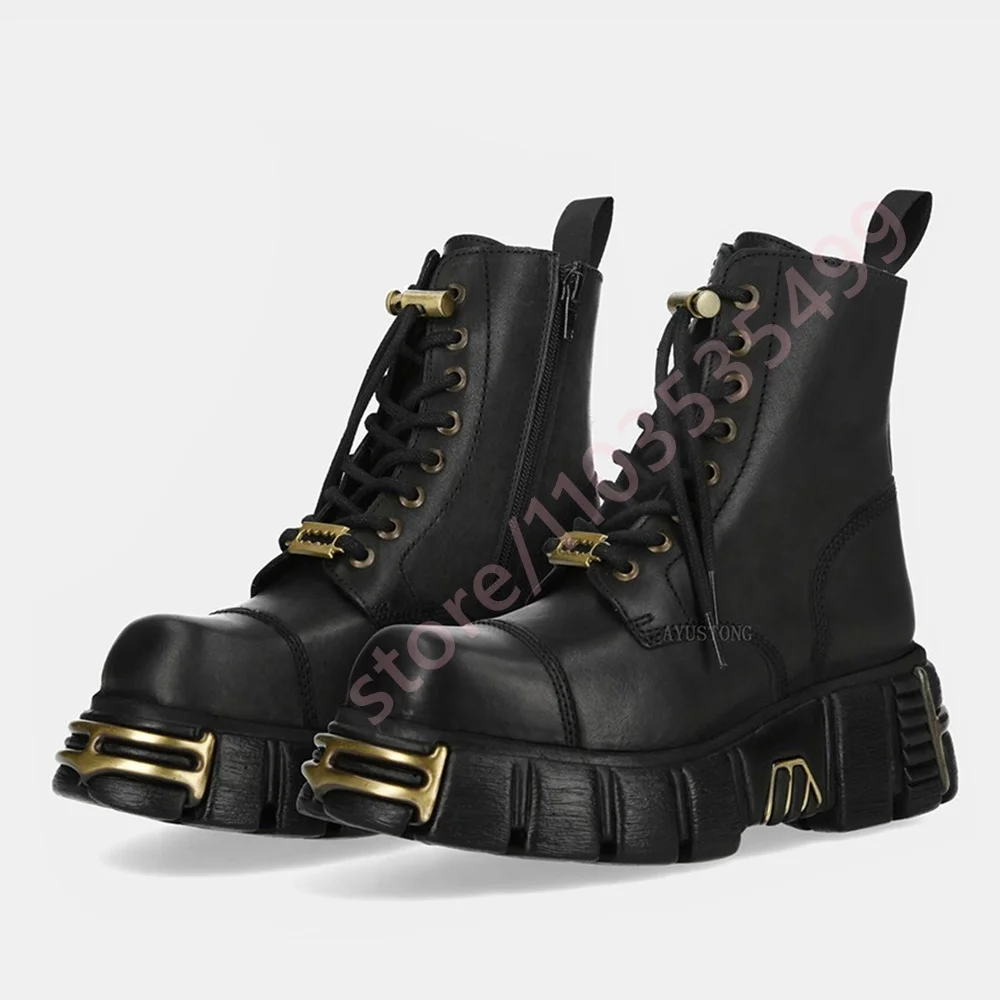 Chunky Heel Motorcycle Boots with Metal Studs New Spring 2026 Style Fashion Street Punk Rock Sporty Casual Lace-Up Boots