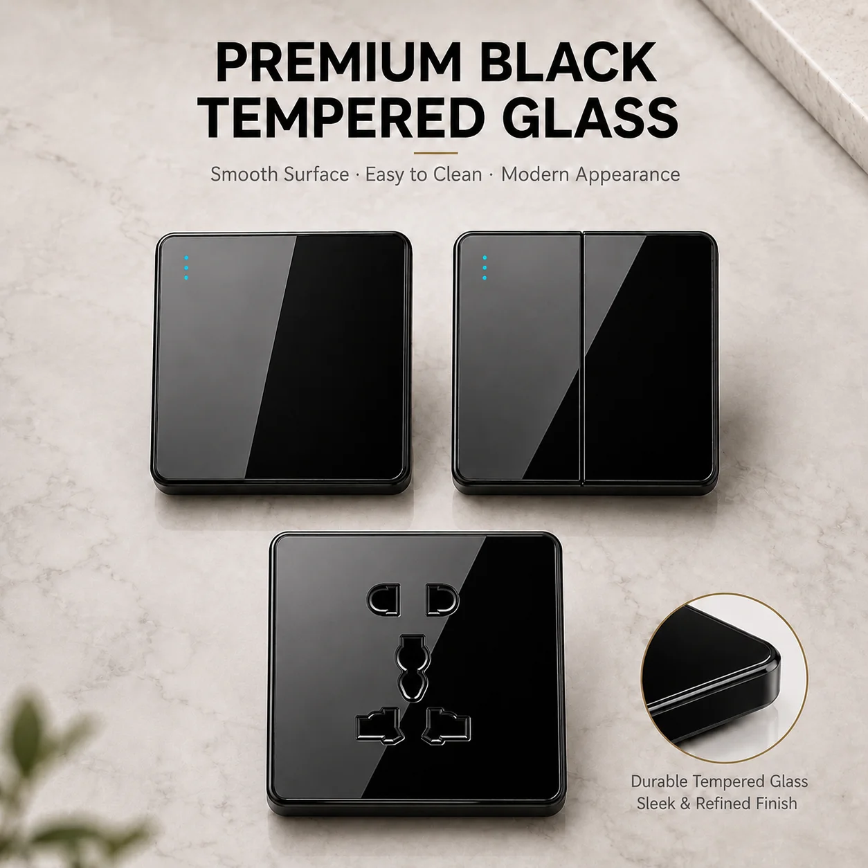 Luxury All Tempered Glass Wall Light Switch Button Black UK Plug 13A Wall Socket with Usb ,220V 1gang2way Speed Switch image 3