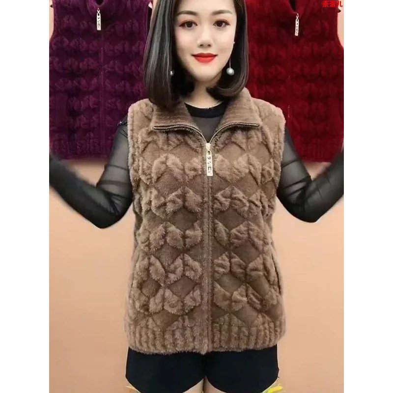 Elegant Mother Winter Clothes Mink Velvet Coat Autumn Middle-aged Women Knitted Vest Thicken Sleeveless Jacket Cardigan Sweater