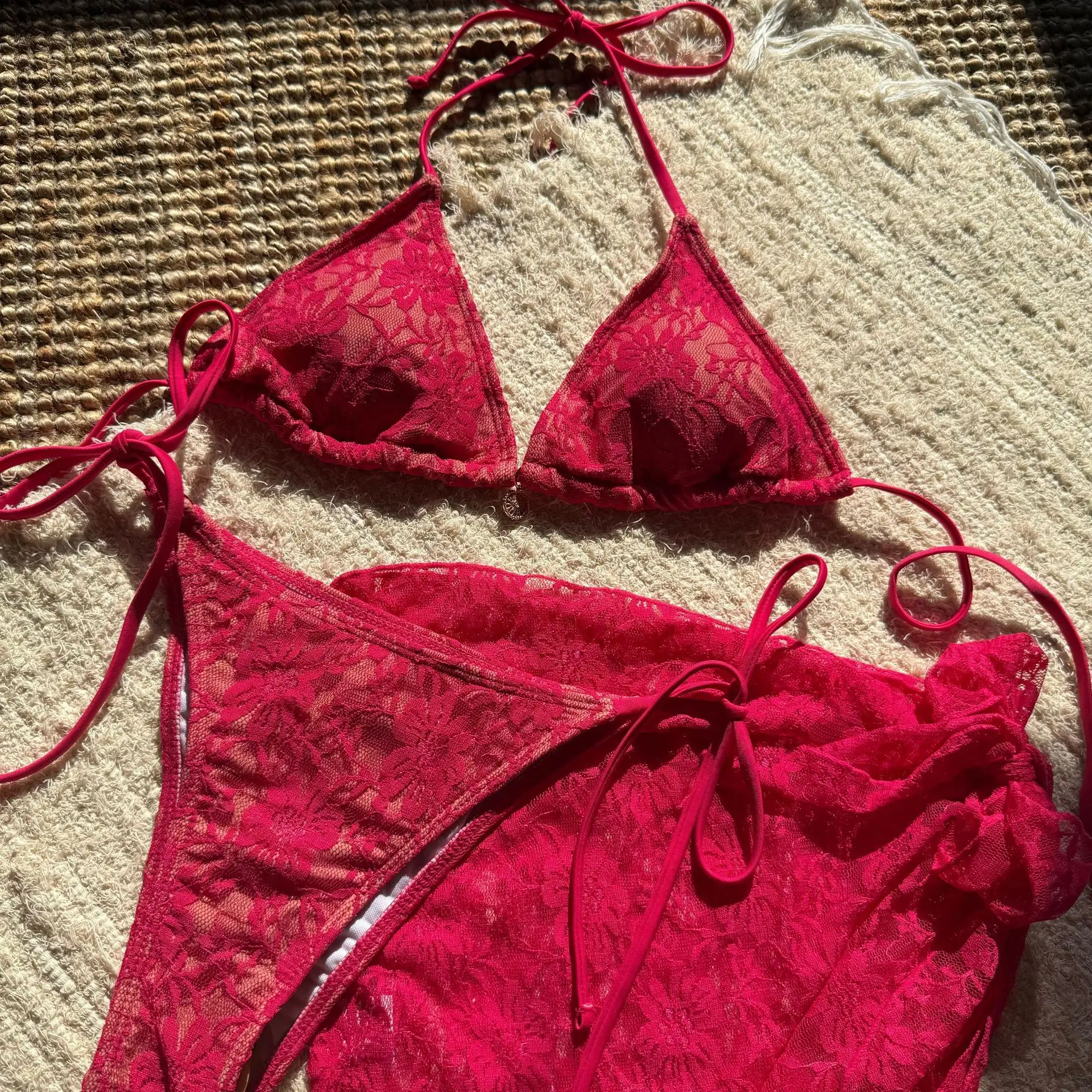 Women Swimsuit 3 Pieces Swimwear Set Lace Sexy Lady Bathing Suit Beach Ins Mesh Hollow Out WackDaria New Summer Bikini Set