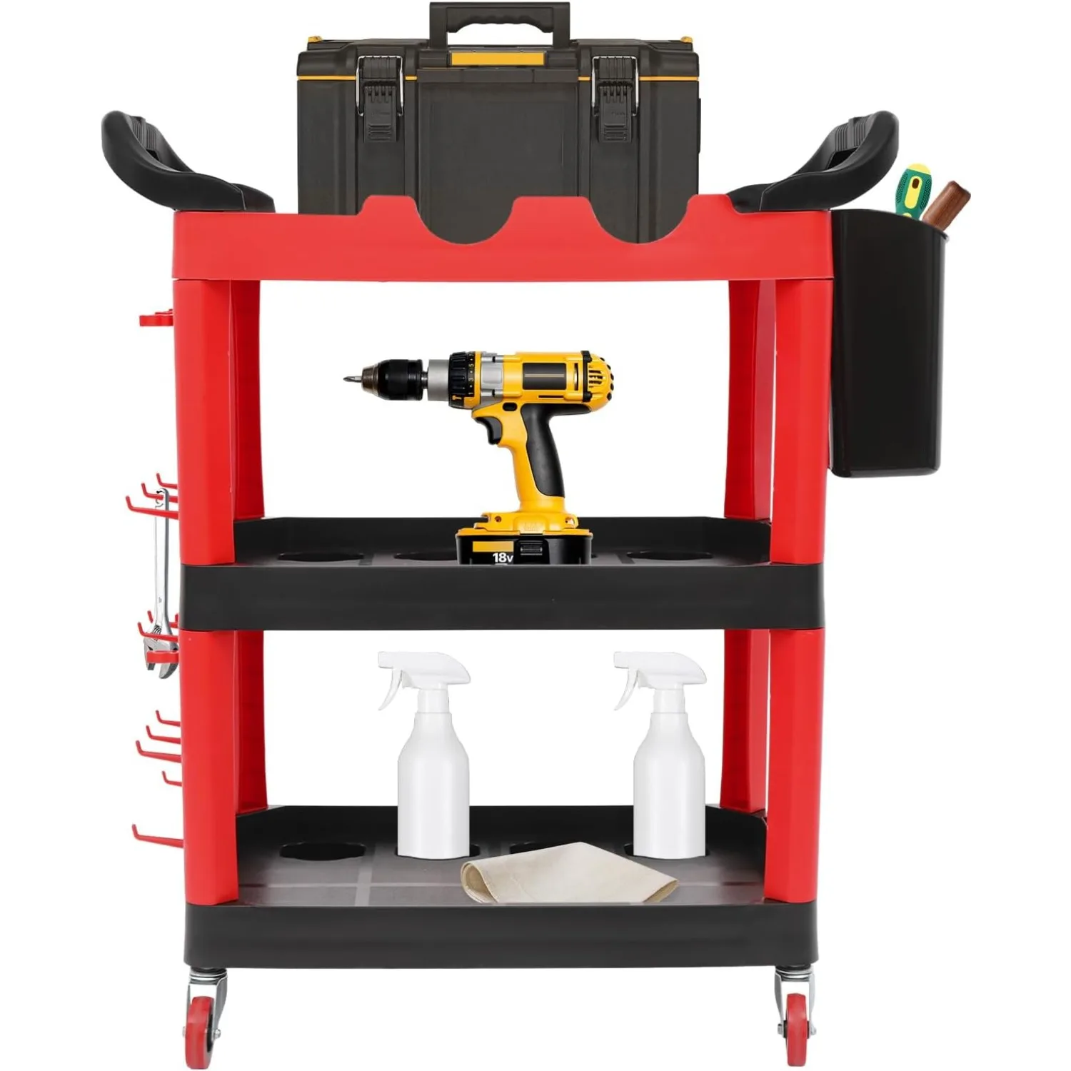 

Loyalheartdy Tool Organization Cart with Wheels, 3-Tier Rolling Cart with 15 Hooks and 2 Hanging Slots, 38in Tool Storage Cart