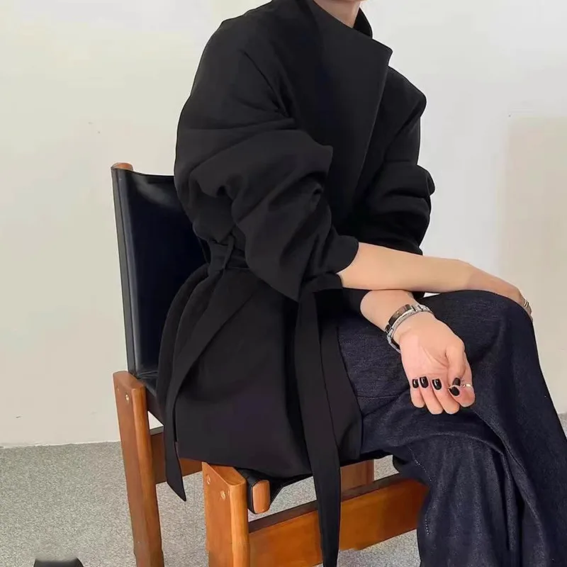 EAEOVNI Fashion Solid Color Short Trench Coat Women Solid Color Stand Collar Belt Gathered Waist Jacket Office Lady Clothing