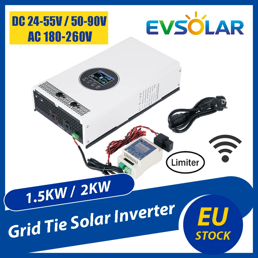 Onduleur solaire connecté au réseau, 2KW, décharge de batterie DC 48V 55-90V/1.5KW 24-55V, entrée panneaux PV, sortie AC 220V 180-260V avec limiteur LCD