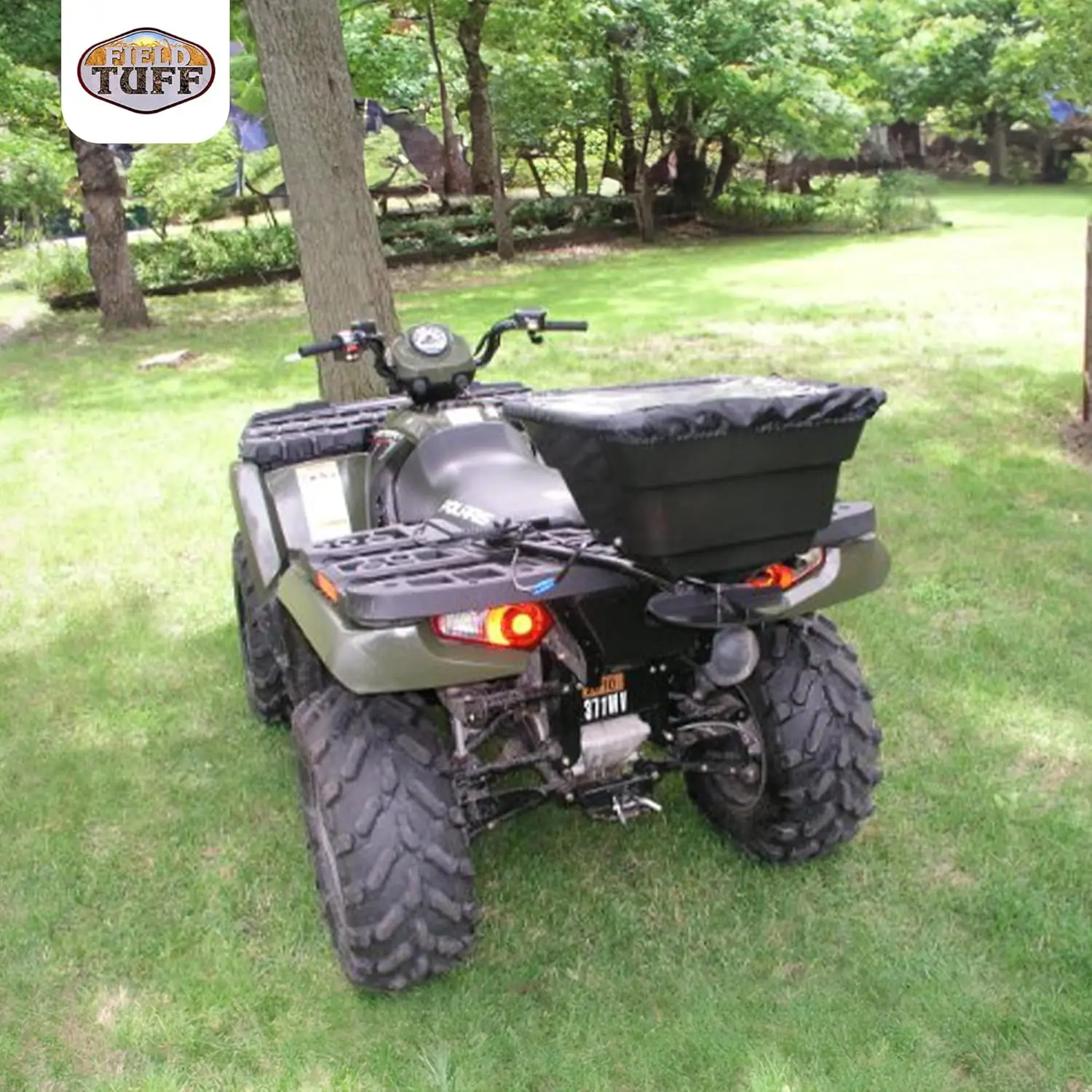 Esparcidor de semillas de hierba de montaje de enganche de Tuff de campo con Protector de lluvia para ATV, UTV o Tractor utilitario, negro