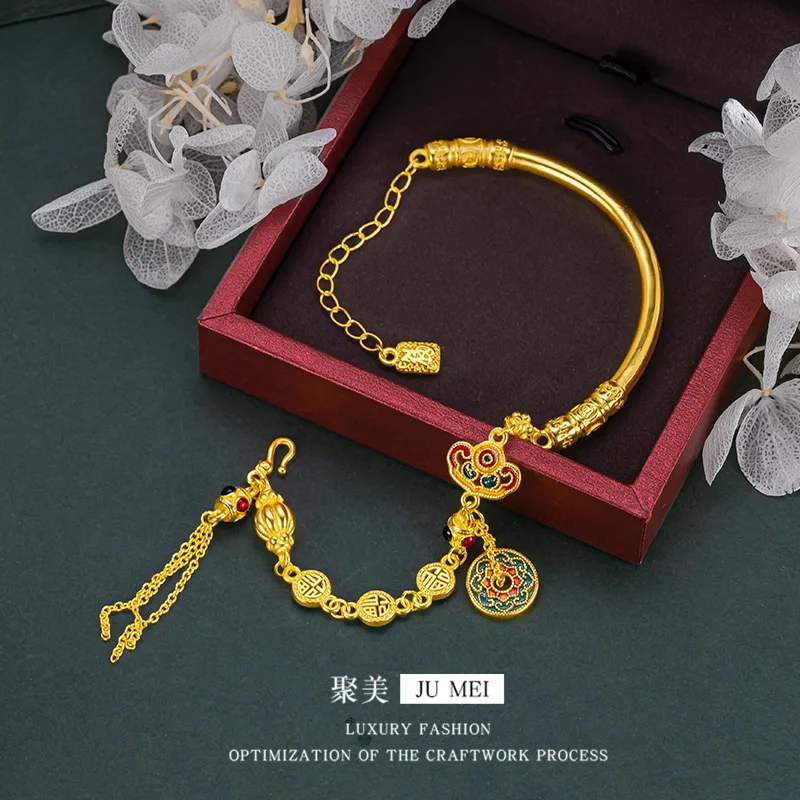 9999 24K Real Gold Treasure Flower Half Bracelet Bracelet Enamel Burning Blue Bracelet Accessories Retro Brand Pumpkin Jewelry