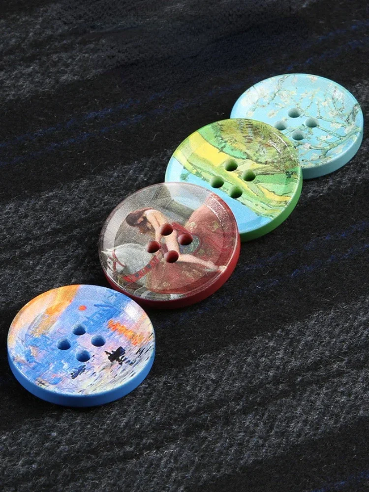 20pcs 22/25/30mm Resin Buttons Oil Painting Design 4-Holes Supplies Accessories Round Decorate Crafts for Coat Suit Clothes