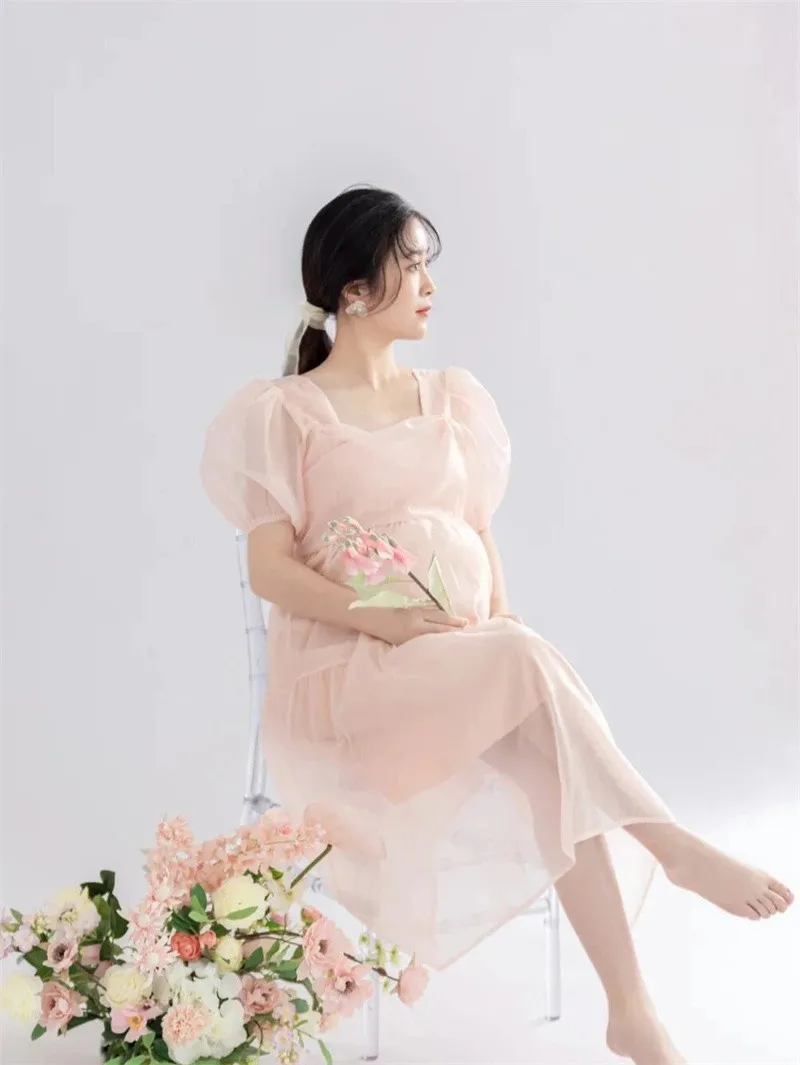 Maternity Organza Dress French Style Princess Dress Cute Pink Square Neck Bubble Sleeve Maternity Photography Dress