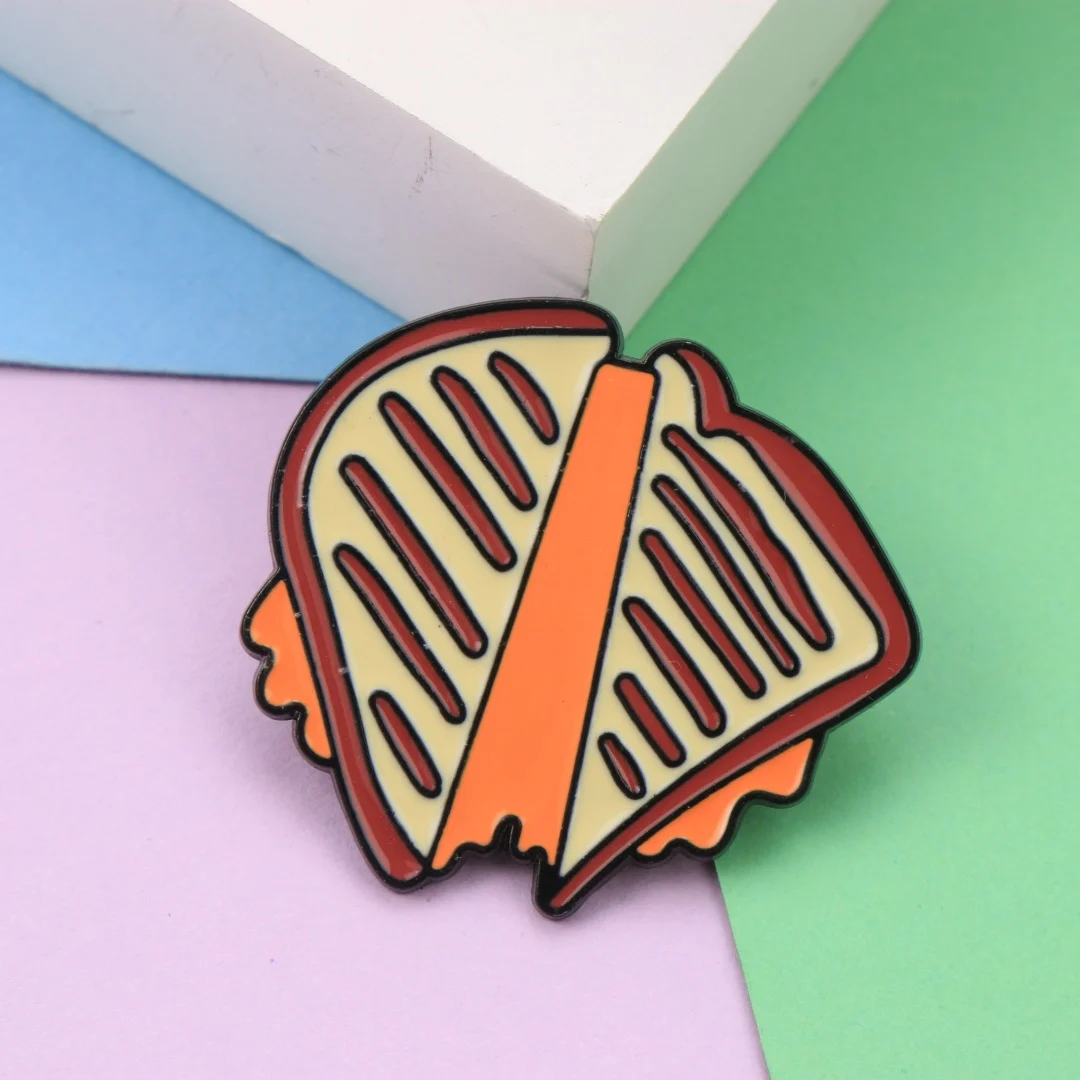 Cartoon Grilled Cheese Toast Enamel Brooch Bite Snack Food Pattern Metal Lapel Pin Bag Hat Cute Daily Decor Badge Accessory