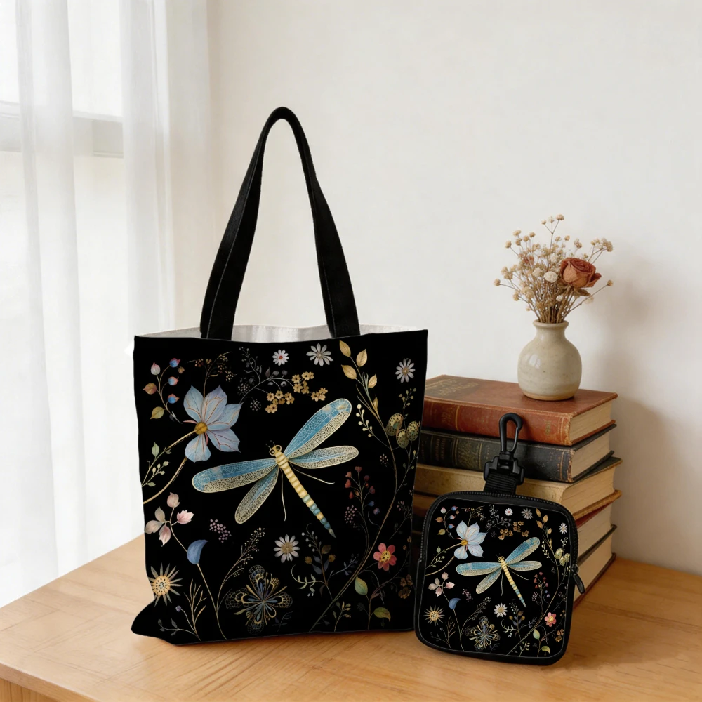 Watercolor Botanical Dragonfly Wildflower Tote Bag and Mini Zipper Pouch - Aesthetic Floral Dragonfly Graphic Handbag Combo
