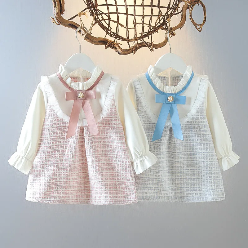 New In Spring Toddler Girl Dresses Korean Fashion Cute Bow Mesh Plaid Long Sleeve Princess Kids Dress Baby Clothes Outfit BC464