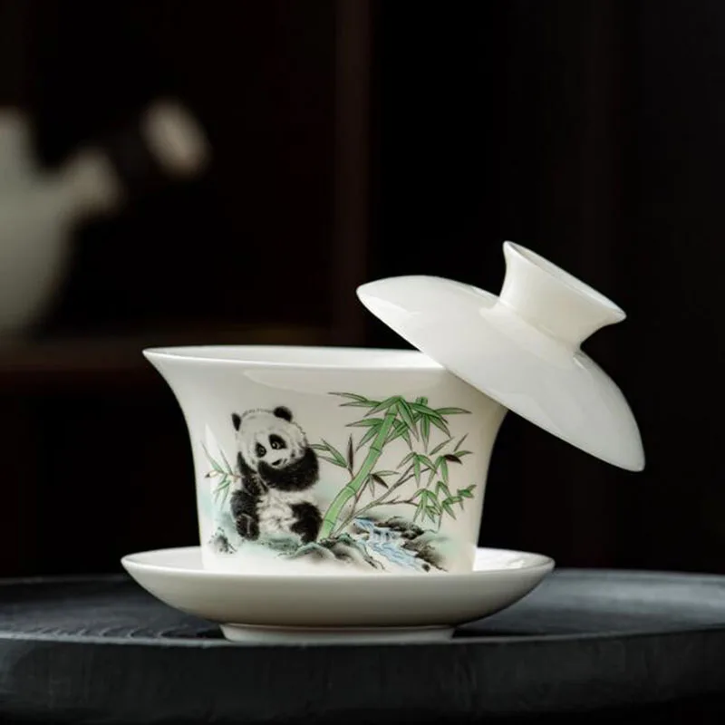 Suet Jade White Porcelain Panda Pattern Sancai Gaiwan Tea Infuser Bowl Office Respect Tea Cup Kitchen Teaware Accessories