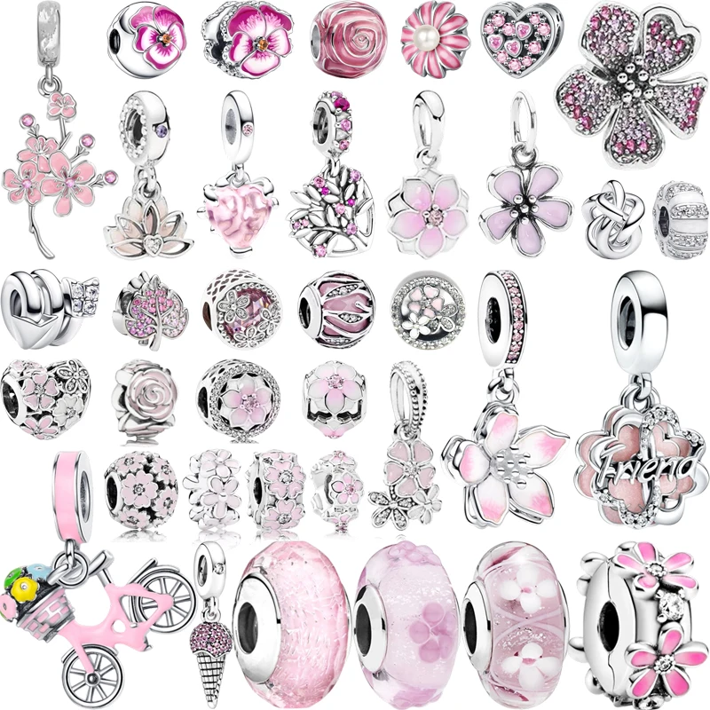 

Hot Sale Pink Flower Series Charm Beads Daisy Flower Clip Cherry Blossom Rose Fit Original 925 Silver Bracelet DIY Jewelry Gifts