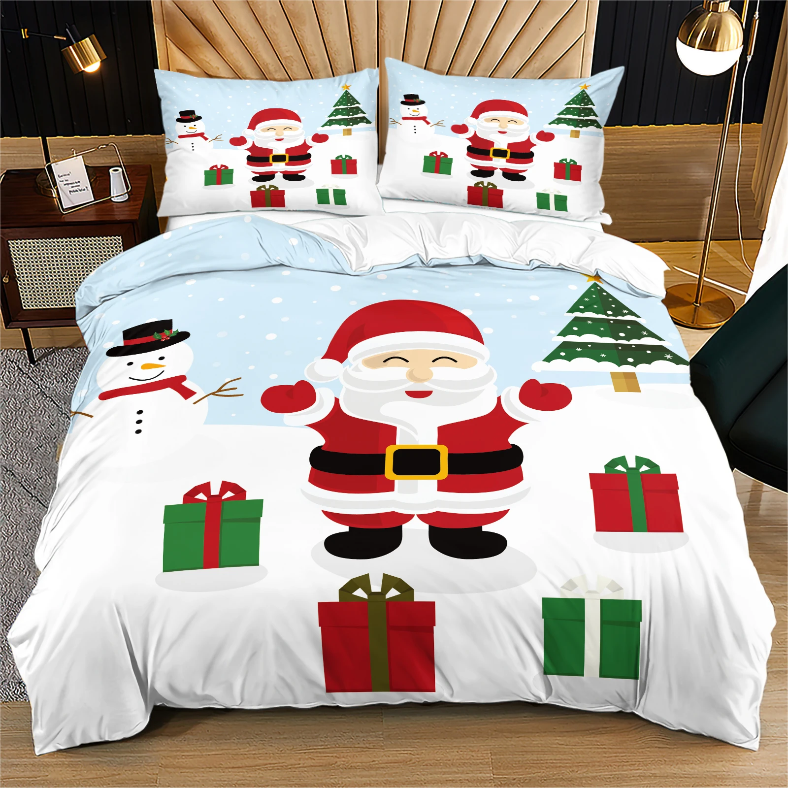 Christmas Santa Claus Duvet Cover Set Cute Cartoon Santa Snowman Christmas Tree Gift Boxes Winter Snow Print Bedding Set