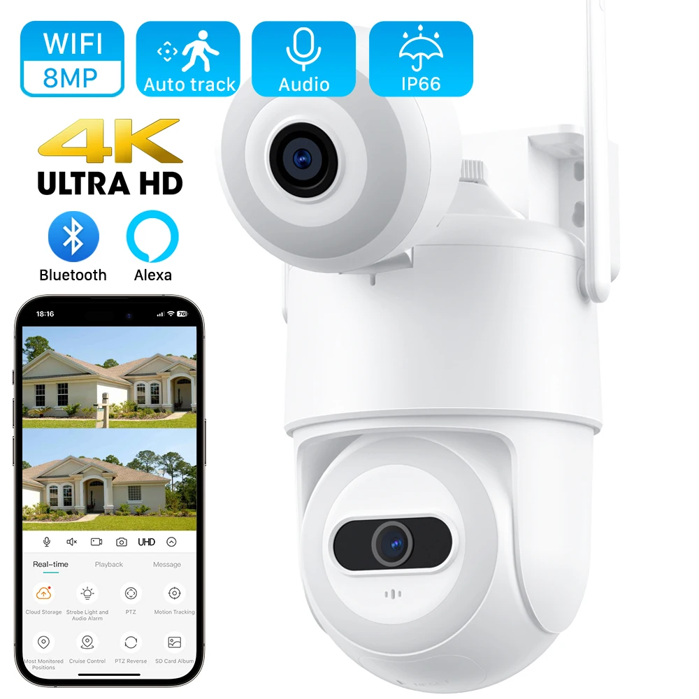 4K 8MP Outdoor Dual Lens PTZ WiFi IP Camera Dual Screen 4MP HD Auto Tracking Security Protection CCTV Surveillance Camera iCSee