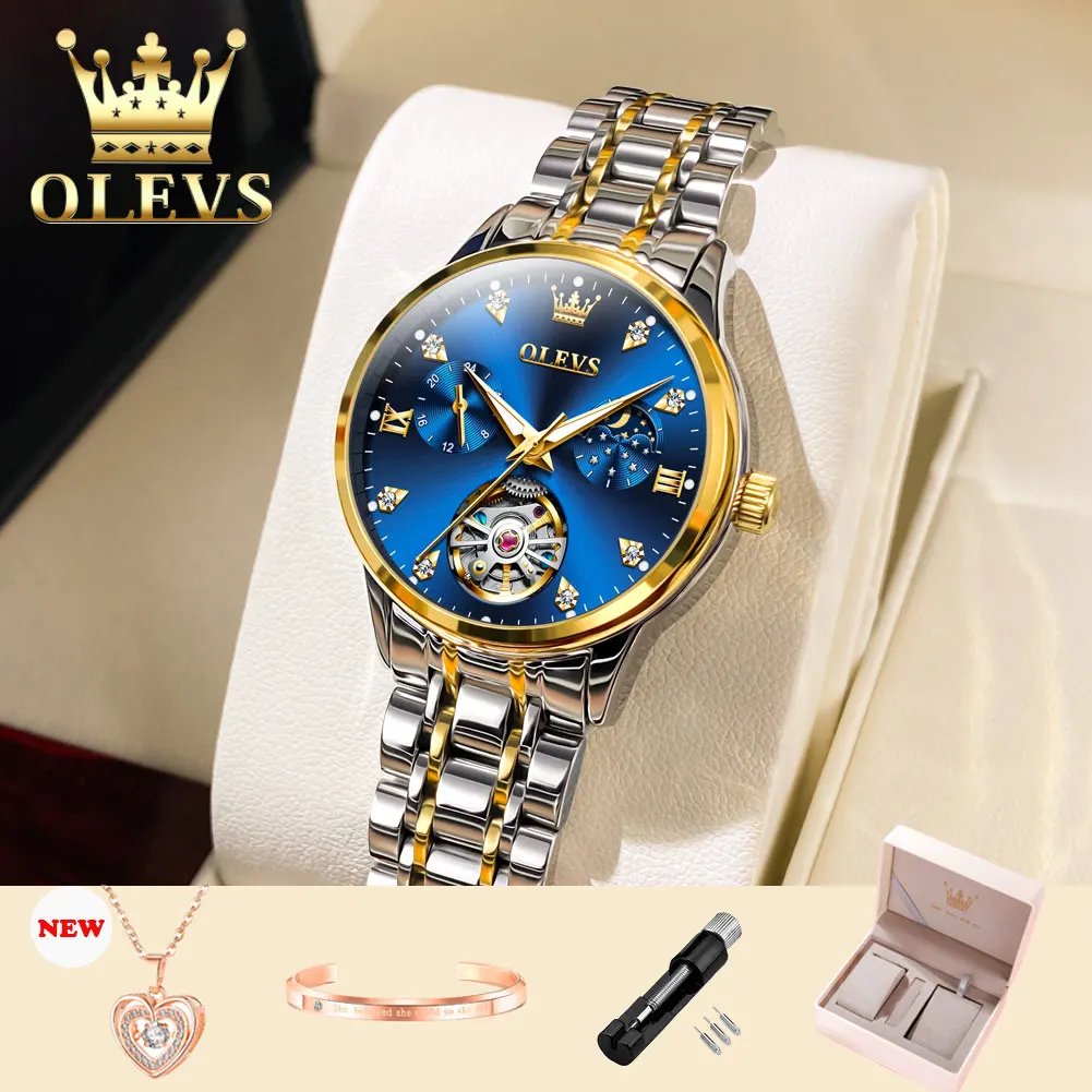 OLEVS Women\'s Watches Waterproof Luminous Skeleton Original Automatic Mechanical Watch for Woman Elegant Ladies Watch Set 6608