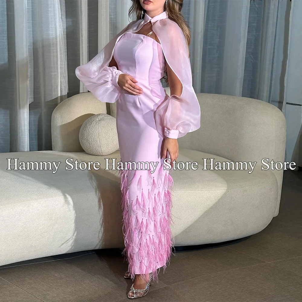 Yipeisha Pink Evening Dress Organza Jacket Strapless Feathers Prom Dresses Ankle Length Straight Wedding Banquet Party Gown