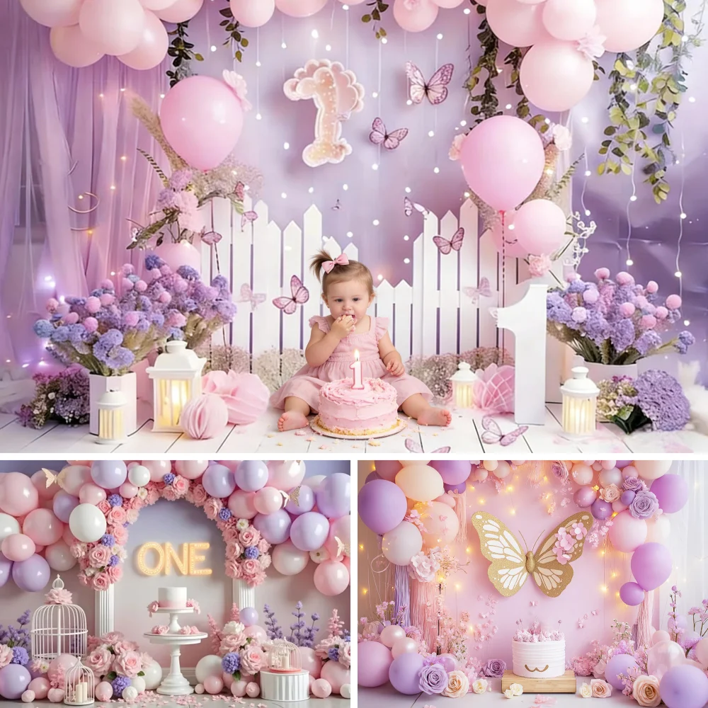 

Girl 1st Birthday Party Photography Backdrop Arch Pink Purple Balloon Floral Baby Shower Portrait Shoots Decoration Background
