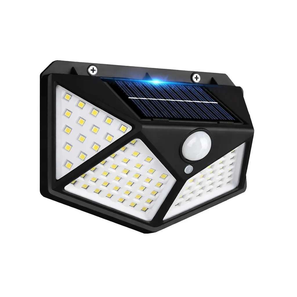 Op zonne-energie werkende 100 LED bewegingssensor wandlamp, waterdichte buitenbeveiligingslamp voor tuin, hek, erf, paddecoratie