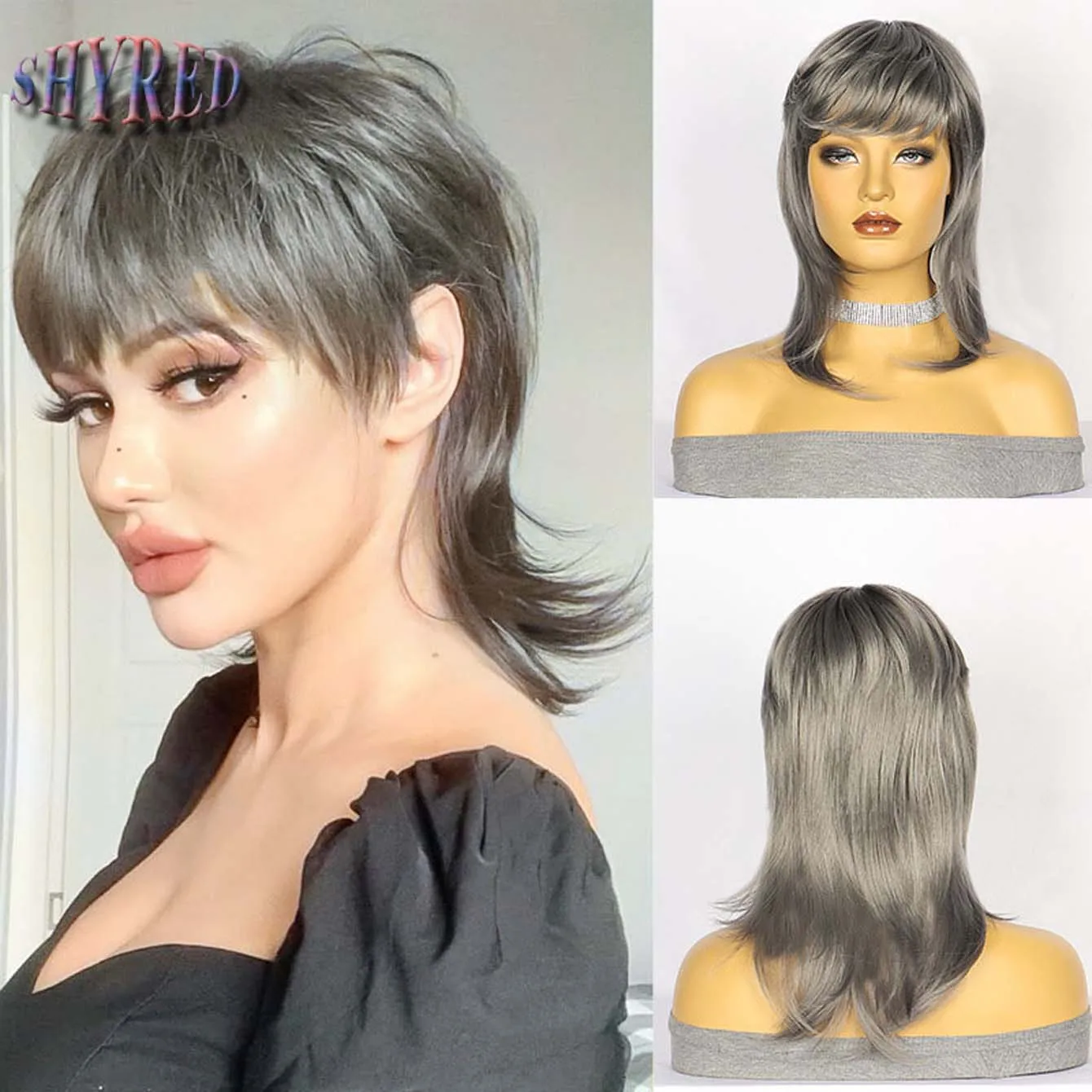 Short Straight Mullet Head Gray Wig Synthetic Girl Anime Cosplay   Hair Wig for Women Daily Party