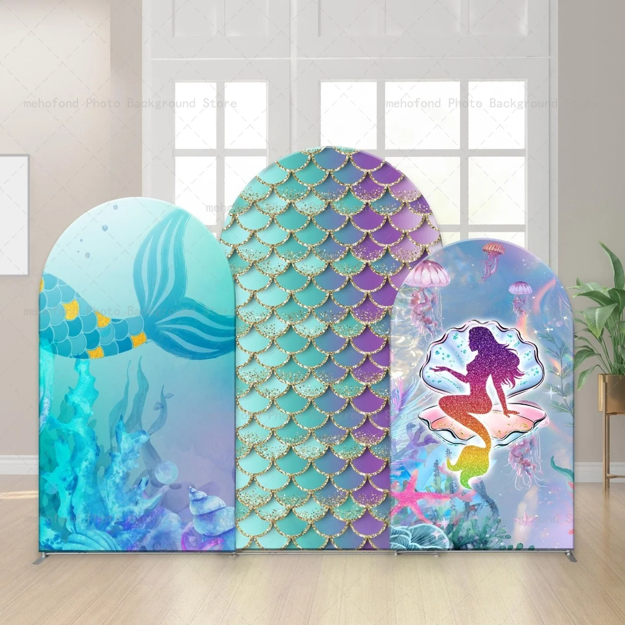 Mehofond Arch Backdrop Dreamy Playful Mermaid Ocean Gradient Scales Baby Shower Birthday Decor Studio Photography Background