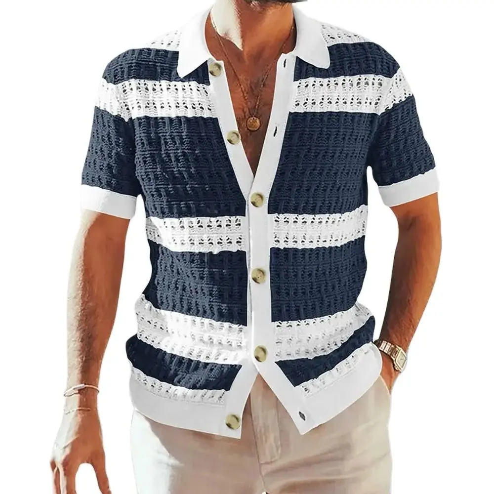 Ladiguard Plus Size Men Short Sleeve Knitting Sweaters 2024 New Summer Cardigans America Europe Fashion Striped Tops Beachwear