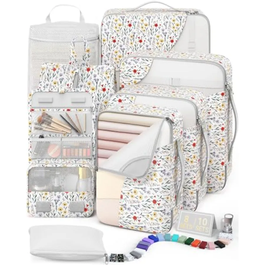 

8 Set Packing Cubes for Travel Gifts for Women Mom Durable Polyester Suitcase Organizer with Shoe Hanging Toiletry Bag in Navy