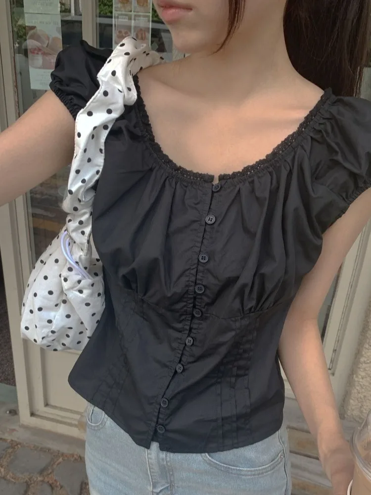 

Chic ort Sve irt Women's Summer New Small Size Single Button Lace Patchwork Design Sensation Ele Top