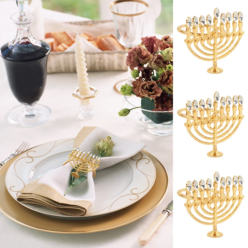 

Hanukkah Gold Candlestick Napkin Rings Candle Holder Napkin Buckles Dining Table Decor Chanukah Festival Wedding Party Supplies