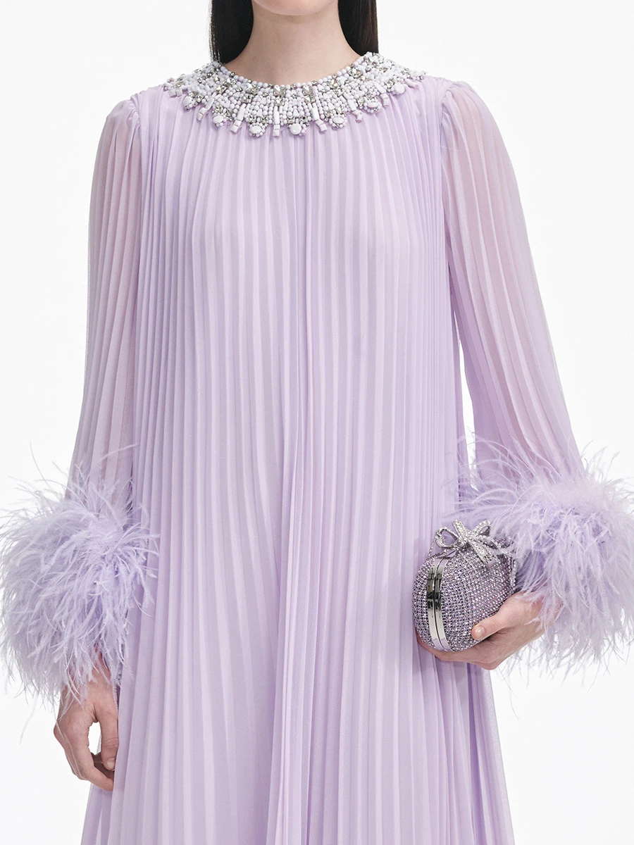 VGH Apricot Color Luxury Evening Dress for Women O Neck Flare Sleeve Patchwork Feather Loose Waist Pleated Long Dresses Female