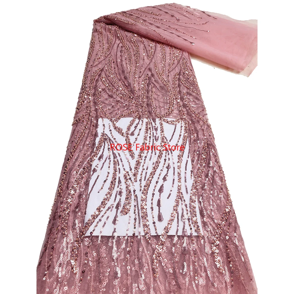

Beaded Sequin Embroidery French Tulle Lace Fabric African Nigerian Lace Fabric for Wedding Party Dress 5 Yards Sewing