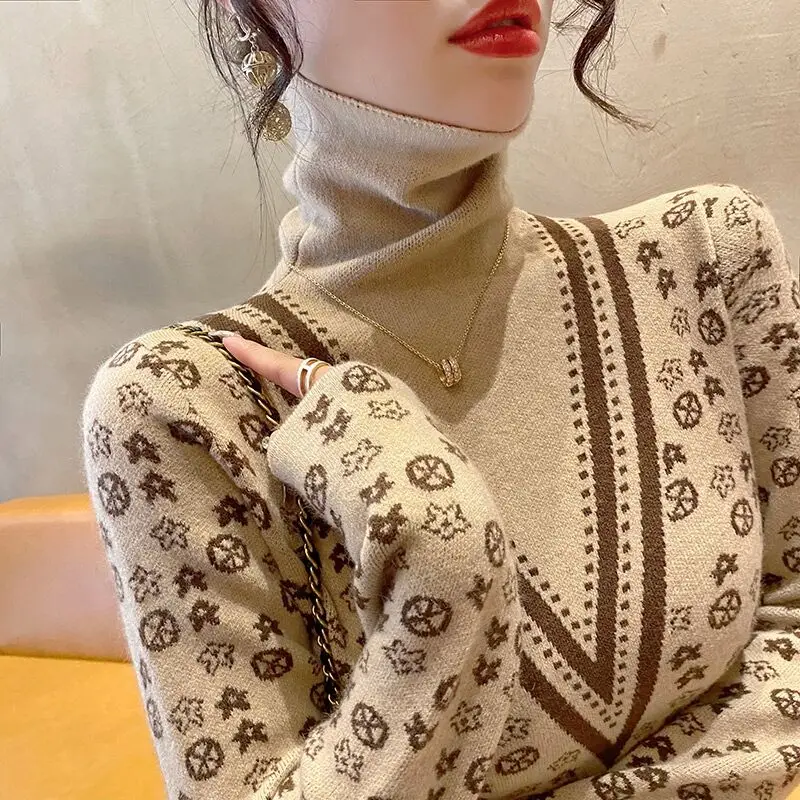 Women Clothing Elegant Fashion Turtleneck Knit Pullovers Autumn Winter Vintage All-match Long Sleeve Slim Sweaters Chic Y2k Top